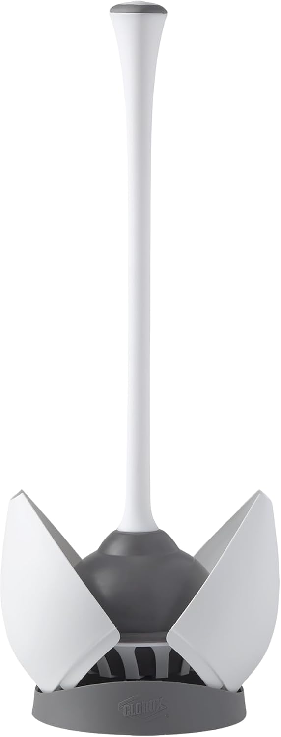 Clorox Toilet Plunger with Hideaway Holder Caddy Heavy-Duty Compact Design with Non-Skid Rubber Base for Bathroom Convenient Storage Toilet Unclogger. 6.5x19.5-Inch. White