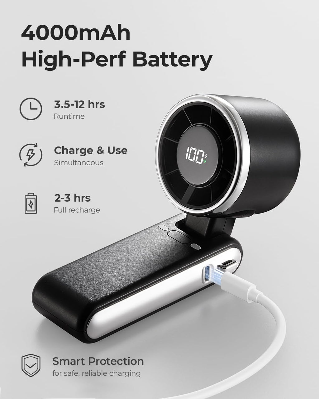 Bearwind Portable Handheld Turbo Fan - 5 Gear High Speed 4000mAh Rechargeable Mini Personal Hand Fan Blow Cold Air. Battery Operated Travel Essentials. Beach Vacation. Gifts for Women. Men (Black)