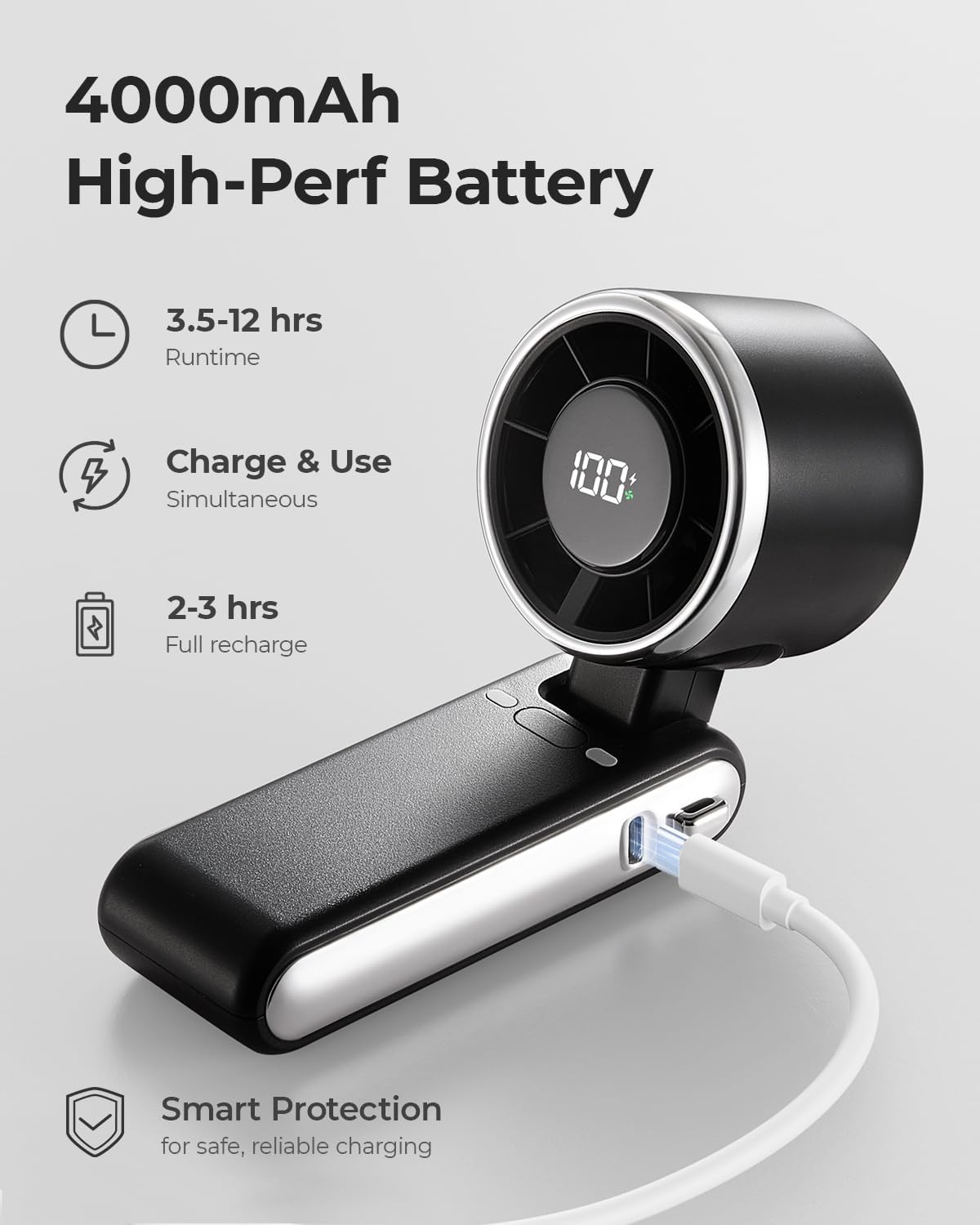 Bearwind Portable Handheld Turbo Fan - 5 Gear High Speed 4000mAh Rechargeable Mini Personal Hand Fan Blow Cold Air. Battery Operated Travel Essentials. Beach Vacation. Gifts for Women. Men (Black)