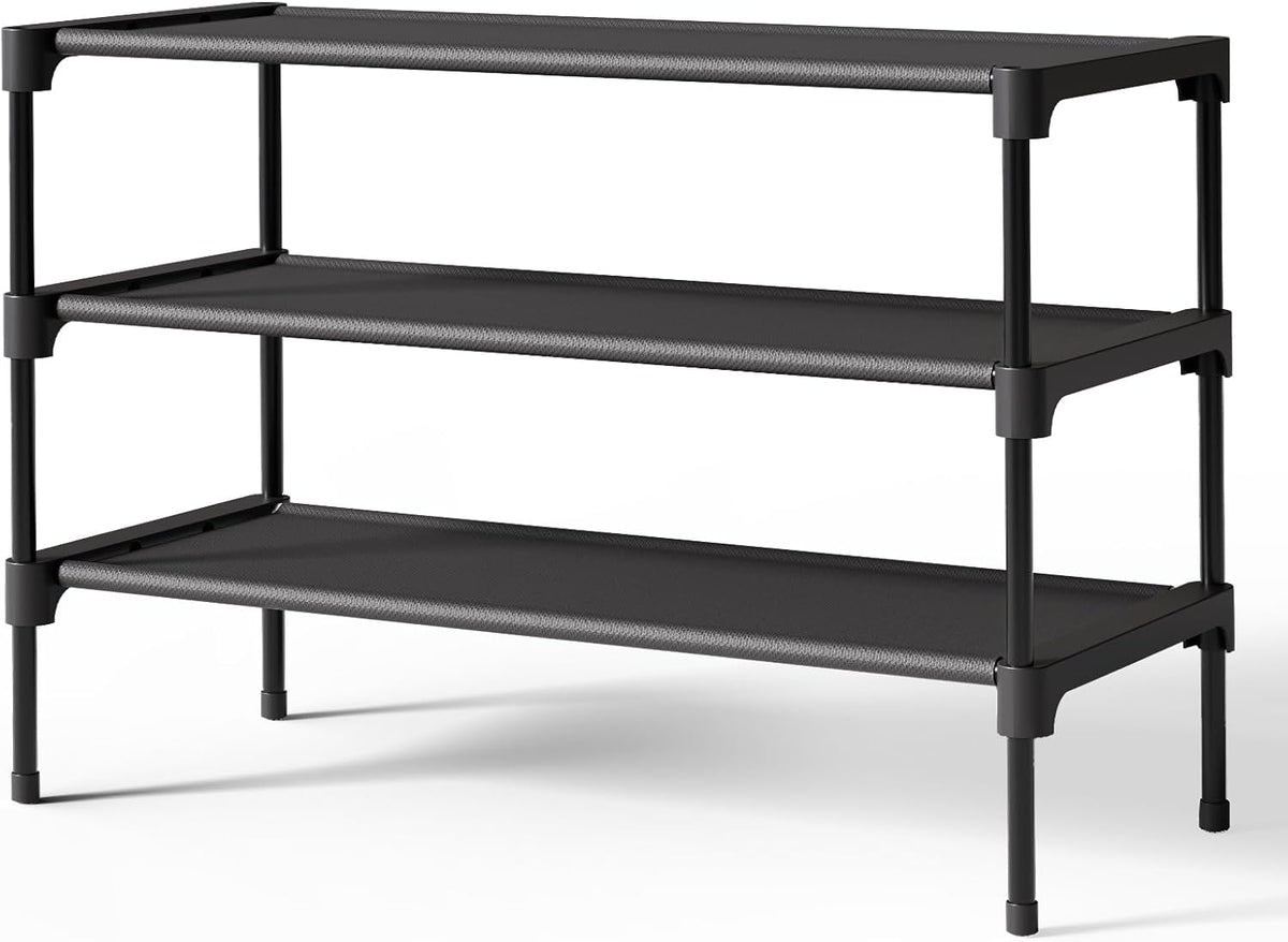 Kitsure Shoe Rack - Non-Woven Shoe Rack Shelf. 27.5 Wide - 3 Tier. Black | Shoe Organizer for Closet. Entryway. Garage. Stackable Shoe Shelves. college dorm&apartment essentials