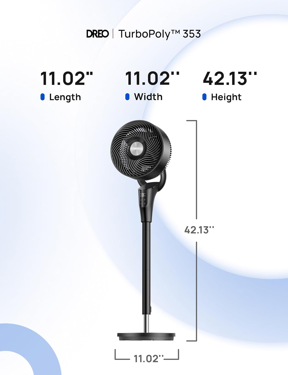 DREO Fan for Bedroom. 2026 Upgraded. 90ft Airflow. Quiet Fan. 90° Oscillating Standing Fan for Whole Room. DC Motor. 8+H Speeds. 3 Modes. 38-42'' Adjustable Height. 8H Timer. 105° Manual Vertical