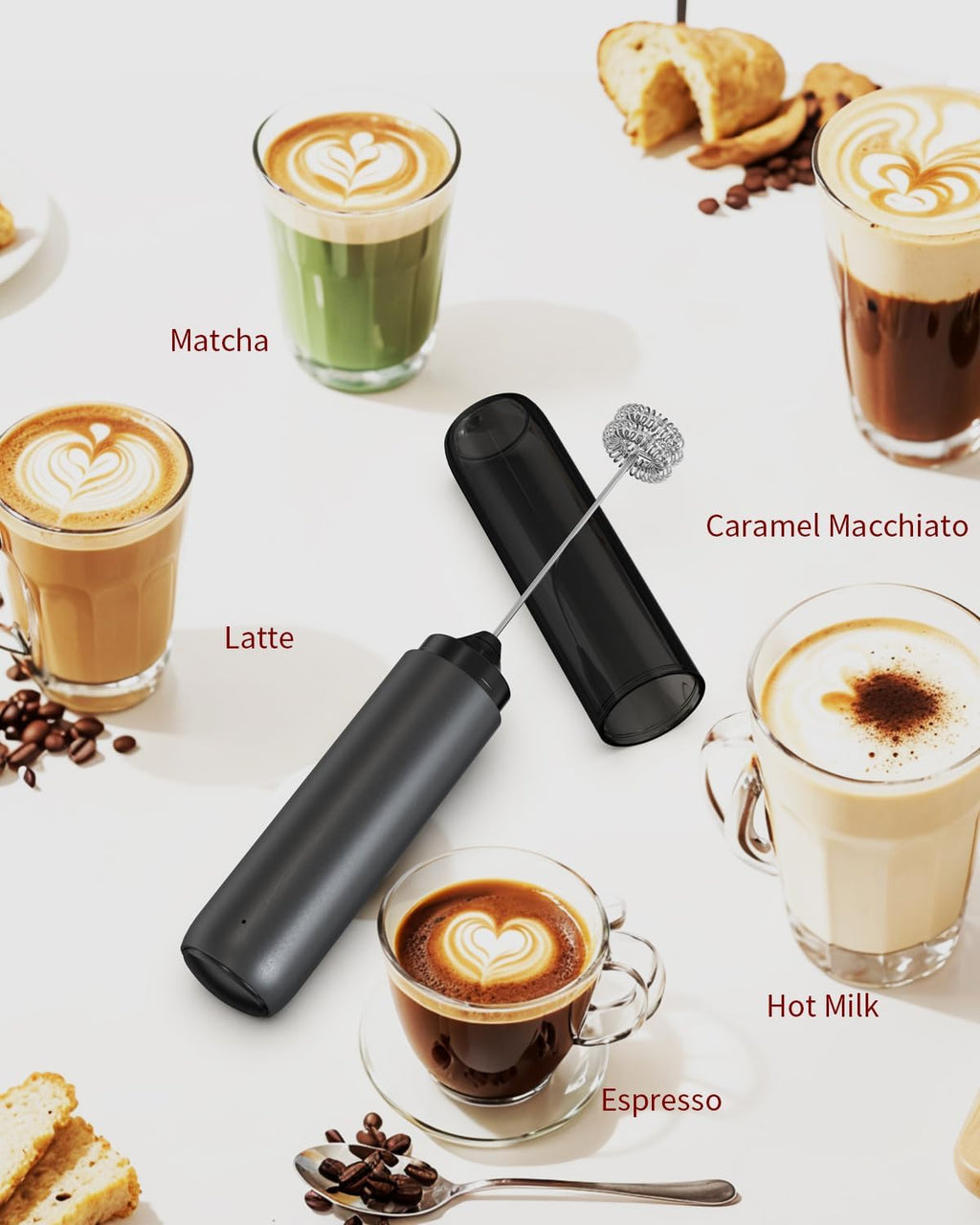 CIRCLE JOY Rechargeable Milk Frother Handheld. Dual Coil Whisk Head Electric Coffee Frother. Portable Hand Frother Wand Drink Mixer for Matcha Lattes Cappuccino. Kitchen Gifts. Black