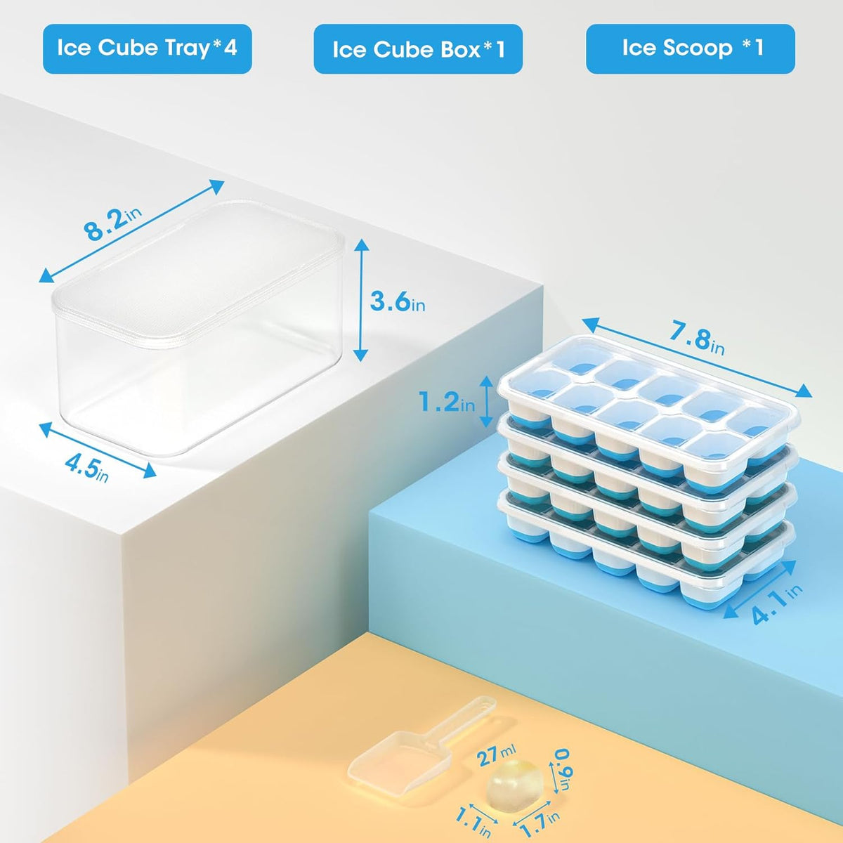 DOQAUS Ice Cube Tray with Lid and Bin.4 Pack Ice Cube Trays for Freezer | Silicone.Stackable. Easy Release Trays with Storage Bin & Scoop. Ideal for Freezer. Kitchen. RV. Cocktail. Coffee.
