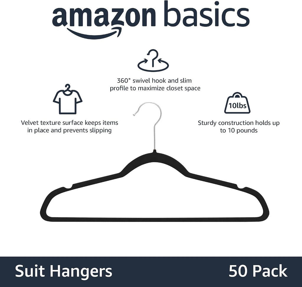 Amazon Basics Slim Velvet Non-Slip Space Saving Suit Clothes Hangers. Closet Organizer. Black. 50-Pack
