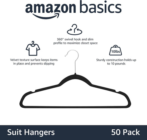 Amazon Basics Slim Velvet Non-Slip Space Saving Suit Clothes Hangers. Closet Organizer. Black. 50-Pack