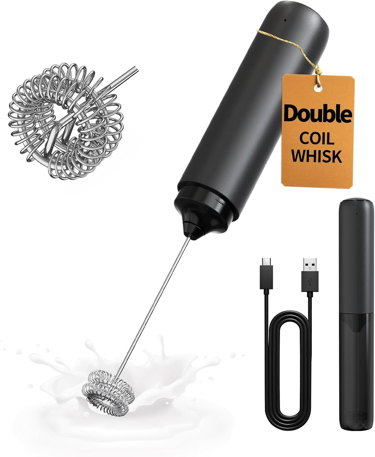 CIRCLE JOY Rechargeable Milk Frother Handheld. Dual Coil Whisk Head Electric Coffee Frother. Portable Hand Frother Wand Drink Mixer for Matcha Lattes Cappuccino. Kitchen Gifts. Black