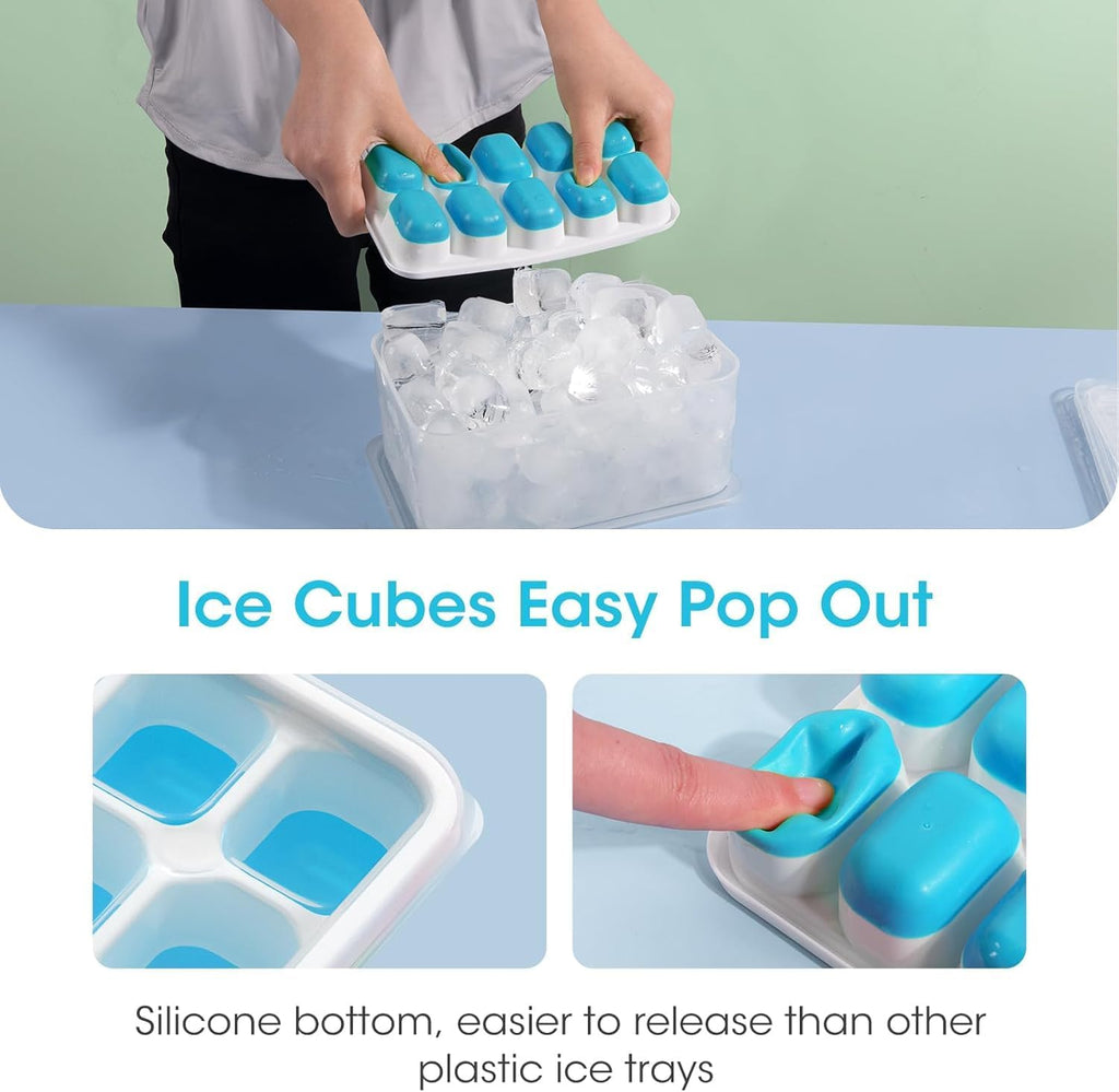 DOQAUS Ice Cube Tray with Lid and Bin.4 Pack Ice Cube Trays for Freezer | Silicone.Stackable. Easy Release Trays with Storage Bin & Scoop. Ideal for Freezer. Kitchen. RV. Cocktail. Coffee.