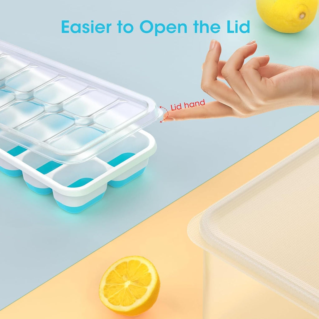 DOQAUS Ice Cube Tray with Lid and Bin.4 Pack Ice Cube Trays for Freezer | Silicone.Stackable. Easy Release Trays with Storage Bin & Scoop. Ideal for Freezer. Kitchen. RV. Cocktail. Coffee.