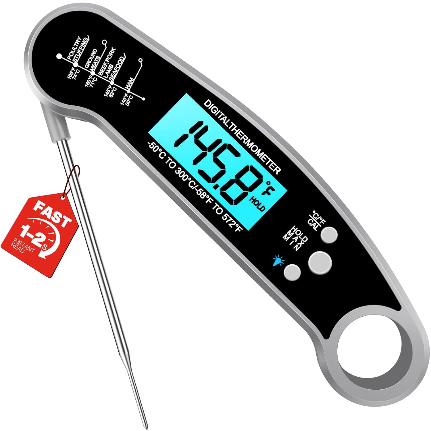 Meat Thermometer Digital. 1-2 Sec Instant Read. Food. Cooking. Grilling | Bright Backlit Display. Waterproof for Air Fryer. Smoker. Candy. Kitchen Gadgets. BBQ Essentials. Gift for Men Husband. Red
