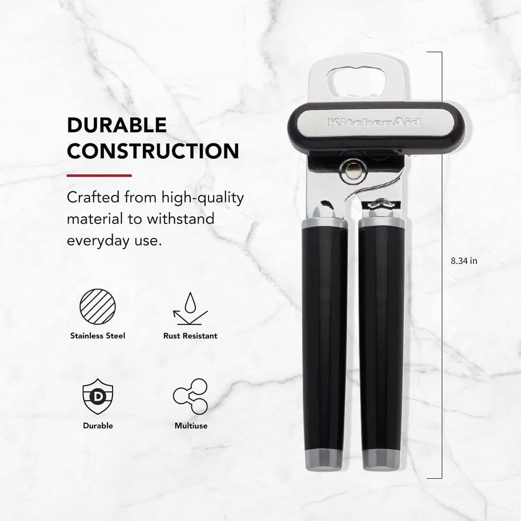 KitchenAid Classic Multifunction Can Opener and Bottle Opener Easy to Use. Razor Sharp Stainless Steel Cutting Wheel. Soft Ergonomic Handles. Black