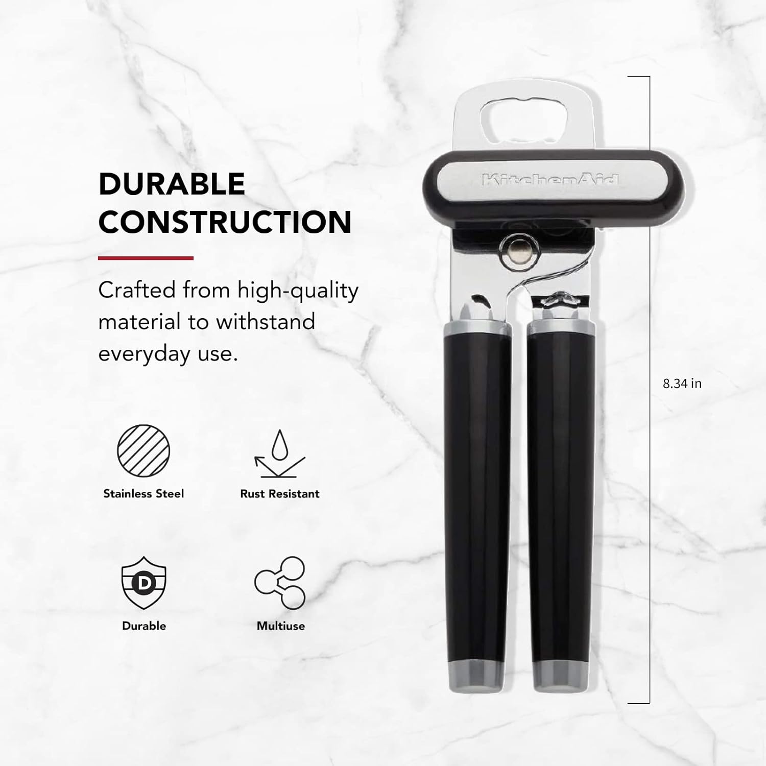 KitchenAid Classic Multifunction Can Opener and Bottle Opener Easy to Use. Razor Sharp Stainless Steel Cutting Wheel. Soft Ergonomic Handles. Black
