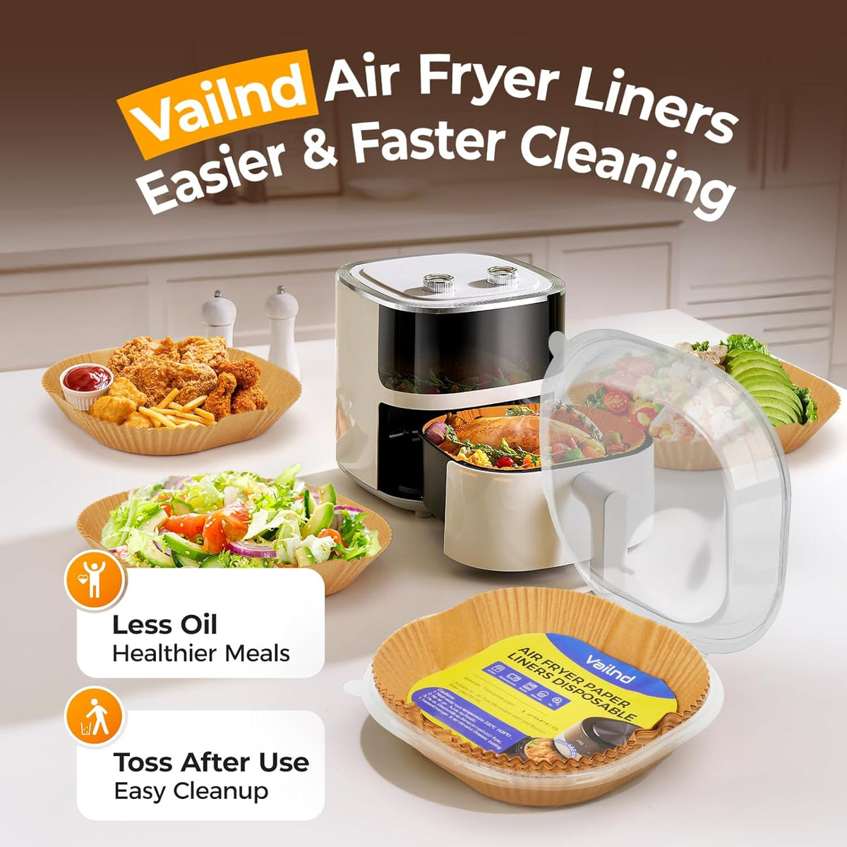 125Pcs 8 Inch Square Air Fryer Liners Disposable for 5-8QT. Parchment Paper | Non-Stick. Unbleached Food Grade. Waterproof Oilproof Baking Airfryer Sheets Papers for Oven. Microwave. Baking. Roasting