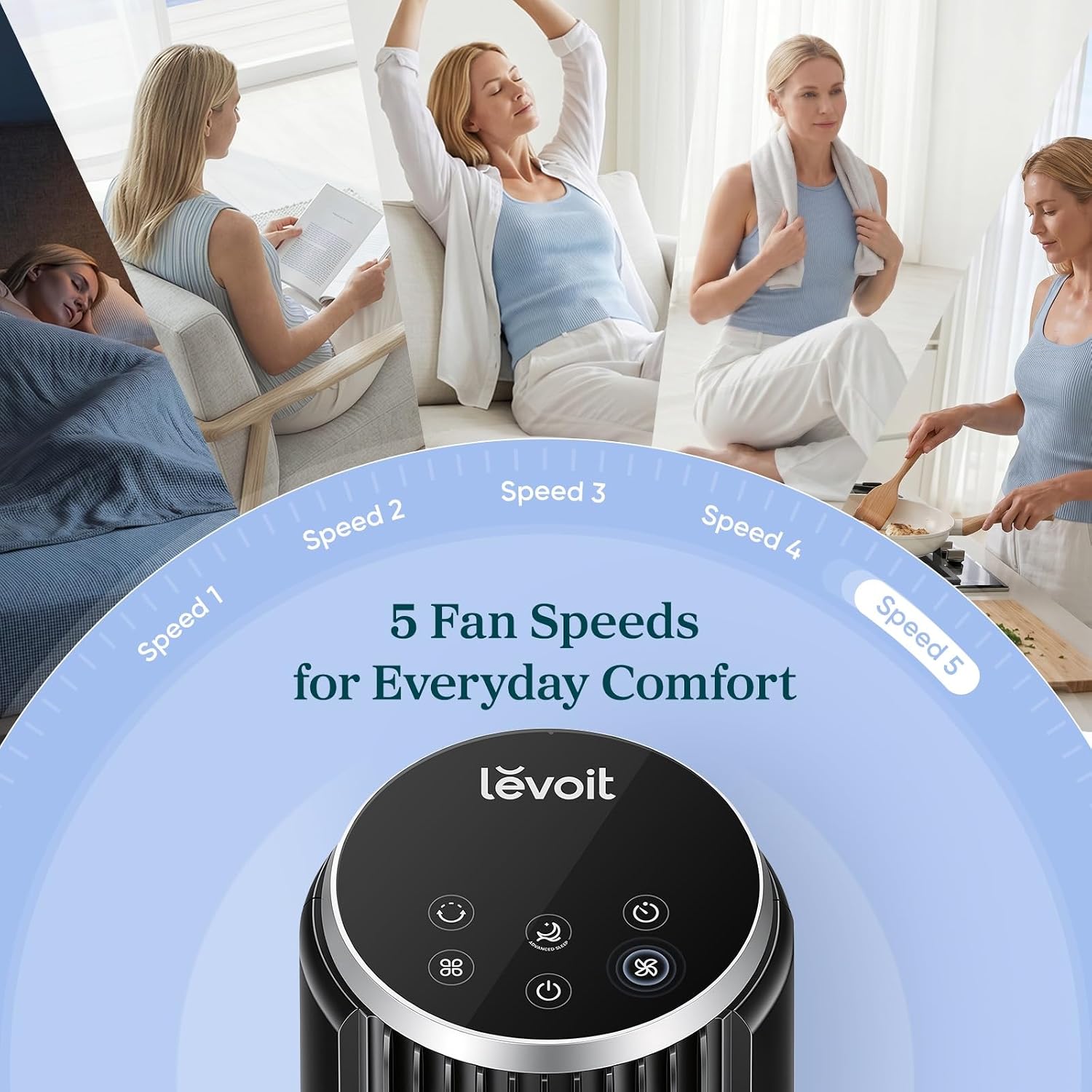 Levoit Tower Fan for Bedroom. 28ft/s Fans that Blow Cold Air. 28dB Quiet | Standing Floor Fan for Room. 90° Oscillating. 5 Speeds 4 Modes & Temp Sensor. Bladeless. 12H Timer. Remote. 36 inch. White