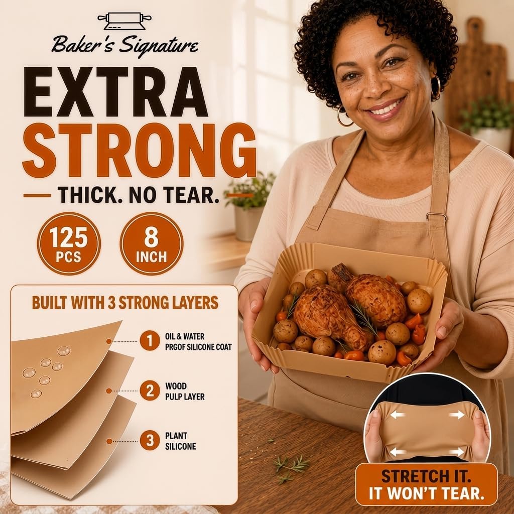Air Fryer Paper Liners. 125Pcs Air Fryer Disposable Liners | Non-Stick and Oil Proof for Easy Cleanup. 8 Square for 5-8 qt Basket by Baker's Signature