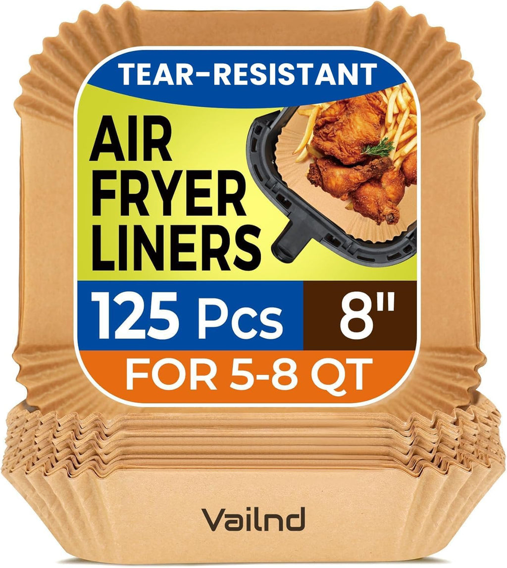 125Pcs 8 Inch Square Air Fryer Liners Disposable for 5-8QT. Parchment Paper | Non-Stick. Unbleached Food Grade. Waterproof Oilproof Baking Airfryer Sheets Papers for Oven. Microwave. Baking. Roasting