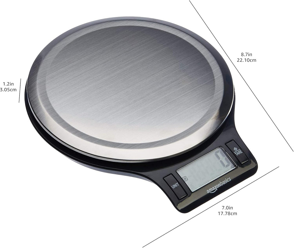 Amazon Basics Digital Kitchen Scale with LCD Display. Tare Function. Multiple Units. Weighs up to 11 Pounds. Batteries Included. Black and Stainless Steel