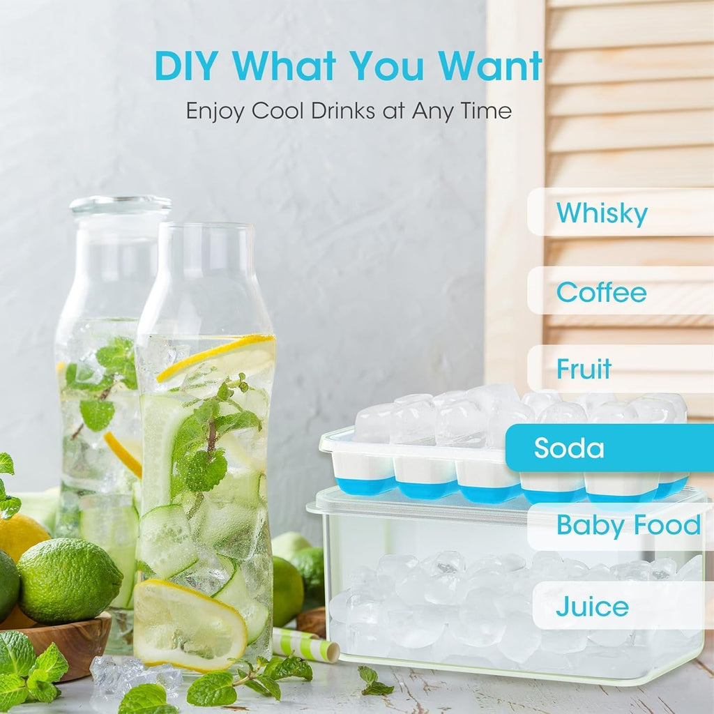 DOQAUS Ice Cube Tray with Lid and Bin.4 Pack Ice Cube Trays for Freezer | Silicone.Stackable. Easy Release Trays with Storage Bin & Scoop. Ideal for Freezer. Kitchen. RV. Cocktail. Coffee.