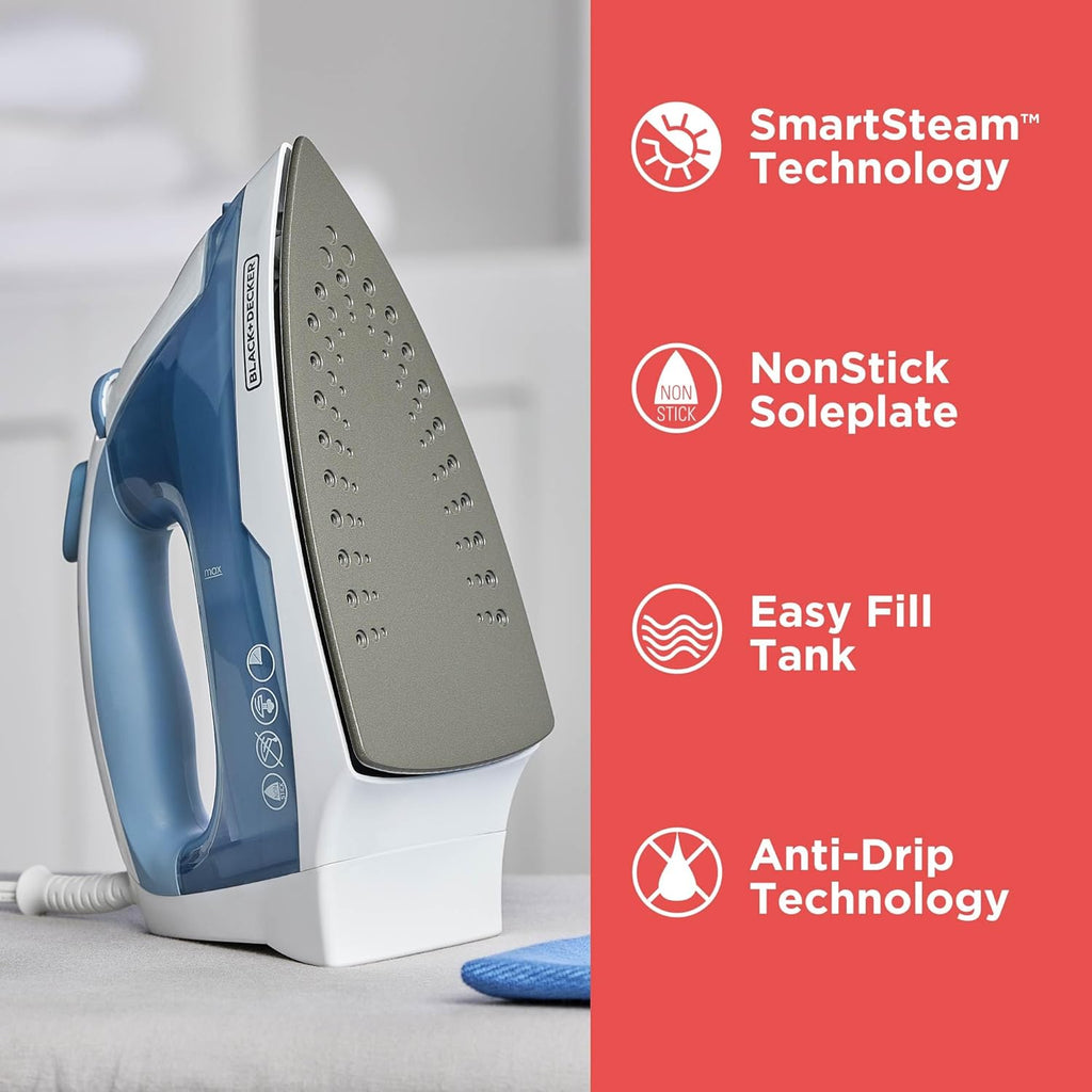 BLACK+DECKER Steam Iron for Clothes with Auto Shutoff & TrueGlide Soleplate | 1200W steam iron with nonstick soleplate. compact. spray mist. comfort grip and auto shutoff for easy wrinkle removal.