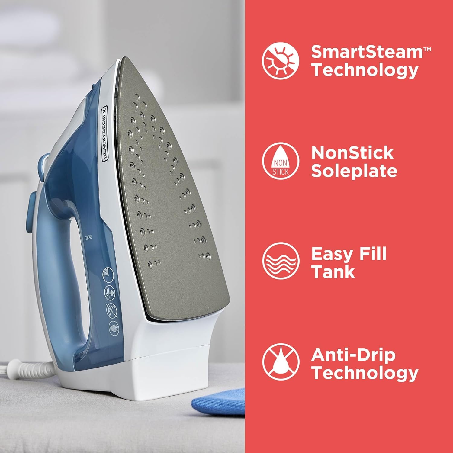 BLACK+DECKER Steam Iron for Clothes with Auto Shutoff & TrueGlide Soleplate | 1200W steam iron with nonstick soleplate. compact. spray mist. comfort grip and auto shutoff for easy wrinkle removal.