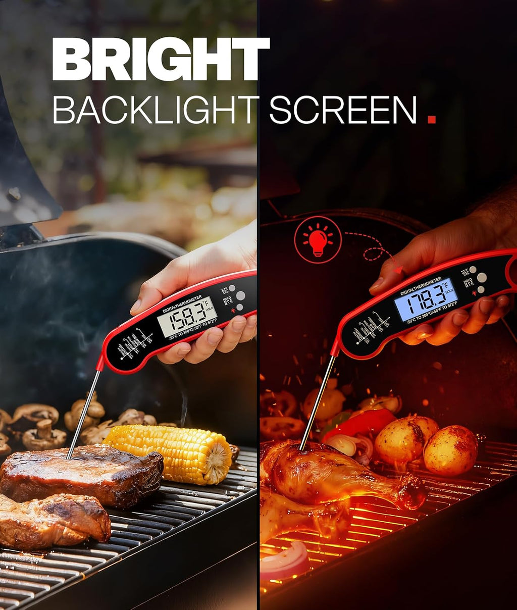 Meat Thermometer Digital. 1-2 Sec Instant Read. Food. Cooking. Grilling | Bright Backlit Display. Waterproof for Air Fryer. Smoker. Candy. Kitchen Gadgets. BBQ Essentials. Gift for Men Husband. Red
