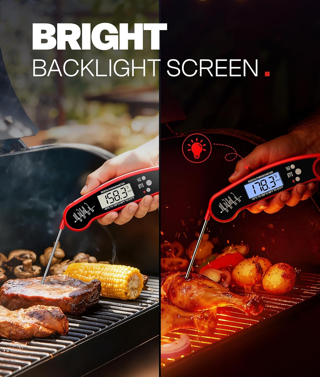 Meat Thermometer Digital. 1-2 Sec Instant Read. Food. Cooking. Grilling | Bright Backlit Display. Waterproof for Air Fryer. Smoker. Candy. Kitchen Gadgets. BBQ Essentials. Gift for Men Husband. Red