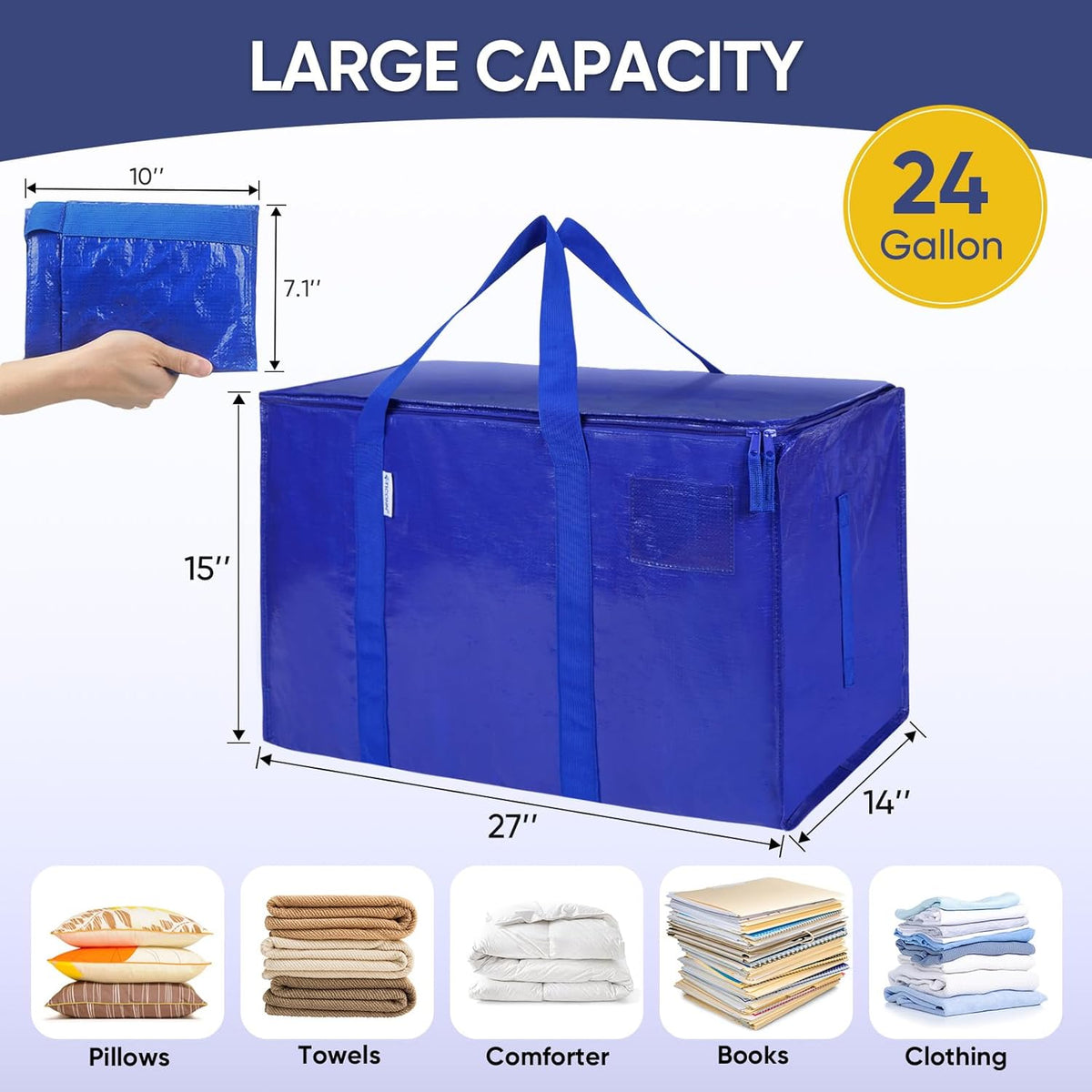 TICONN 6 Pack Extra Large Moving Bags Heavy Duty with Zippers & Carrying Handles. Durable Storage Bags Moving Boxes for Closet Organizers and Storage (6 Pack. Blue)