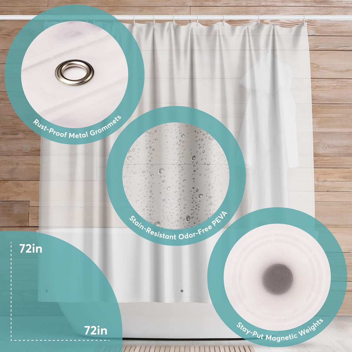 BigFoot Clear Shower Curtain - 72x72 Odorless Plastic with Magnets. Washable Long Bathroom Curtain - Premium PEVA Waterproof Bath Curtain. Rust-Proof Bathroom Essentials