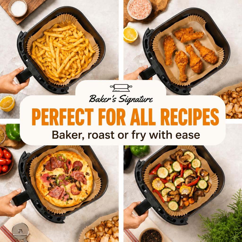 Air Fryer Paper Liners. 125Pcs Air Fryer Disposable Liners | Non-Stick and Oil Proof for Easy Cleanup. 8 Square for 5-8 qt Basket by Baker's Signature