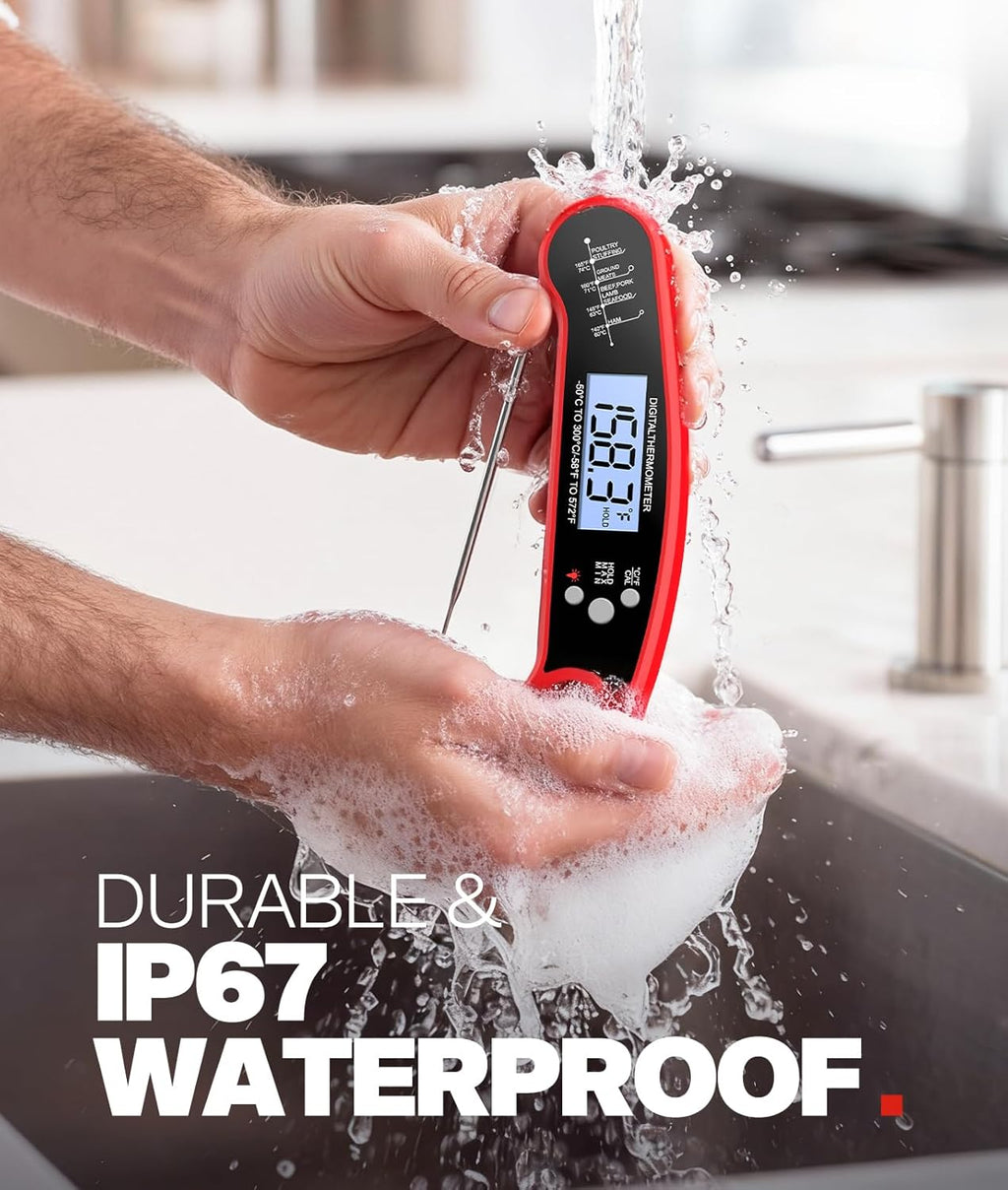 Meat Thermometer Digital. 1-2 Sec Instant Read. Food. Cooking. Grilling | Bright Backlit Display. Waterproof for Air Fryer. Smoker. Candy. Kitchen Gadgets. BBQ Essentials. Gift for Men Husband. Red