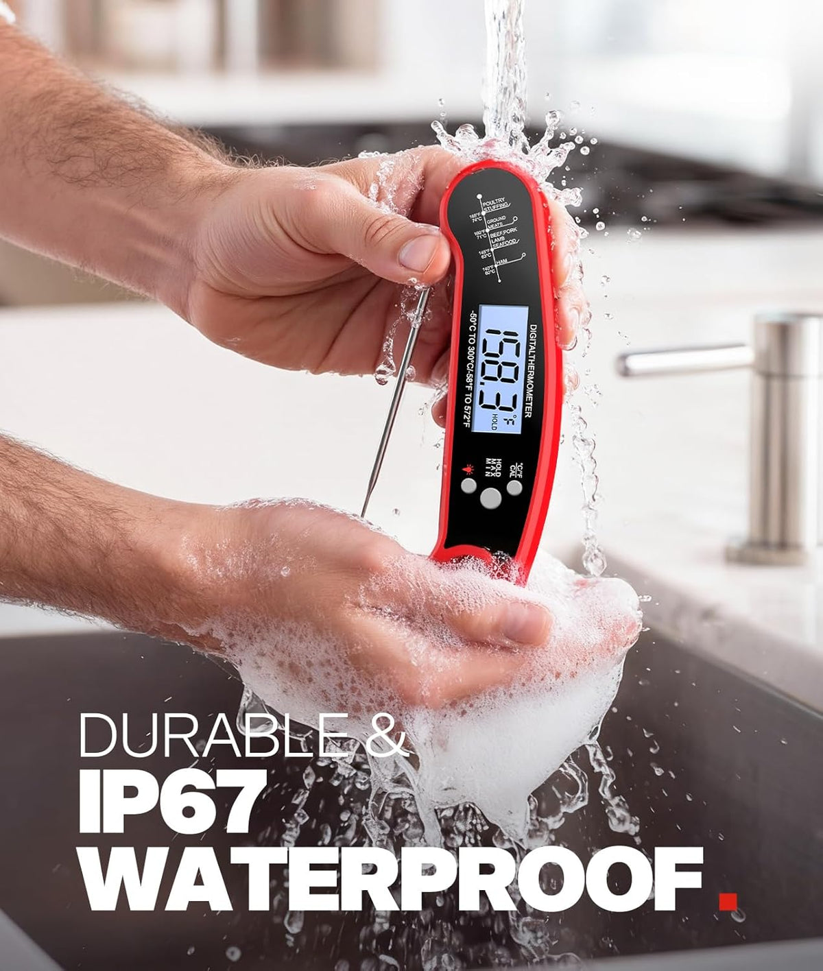 Meat Thermometer Digital. 1-2 Sec Instant Read. Food. Cooking. Grilling | Bright Backlit Display. Waterproof for Air Fryer. Smoker. Candy. Kitchen Gadgets. BBQ Essentials. Gift for Men Husband. Red