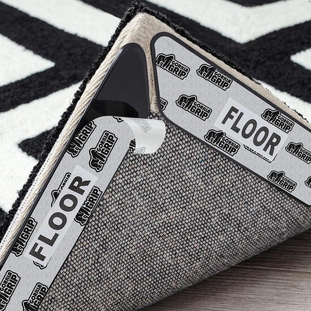 GORILLA GRIP® Extra Long Rug Grippers for Hardwood Floor. 8 Pack Black | Reusable Dual-Sided Adhesives Pads Keep Area Rugs Corners Flat. Holds Down Carpet on Hard Wood. Tile Floors. Renter Friendly