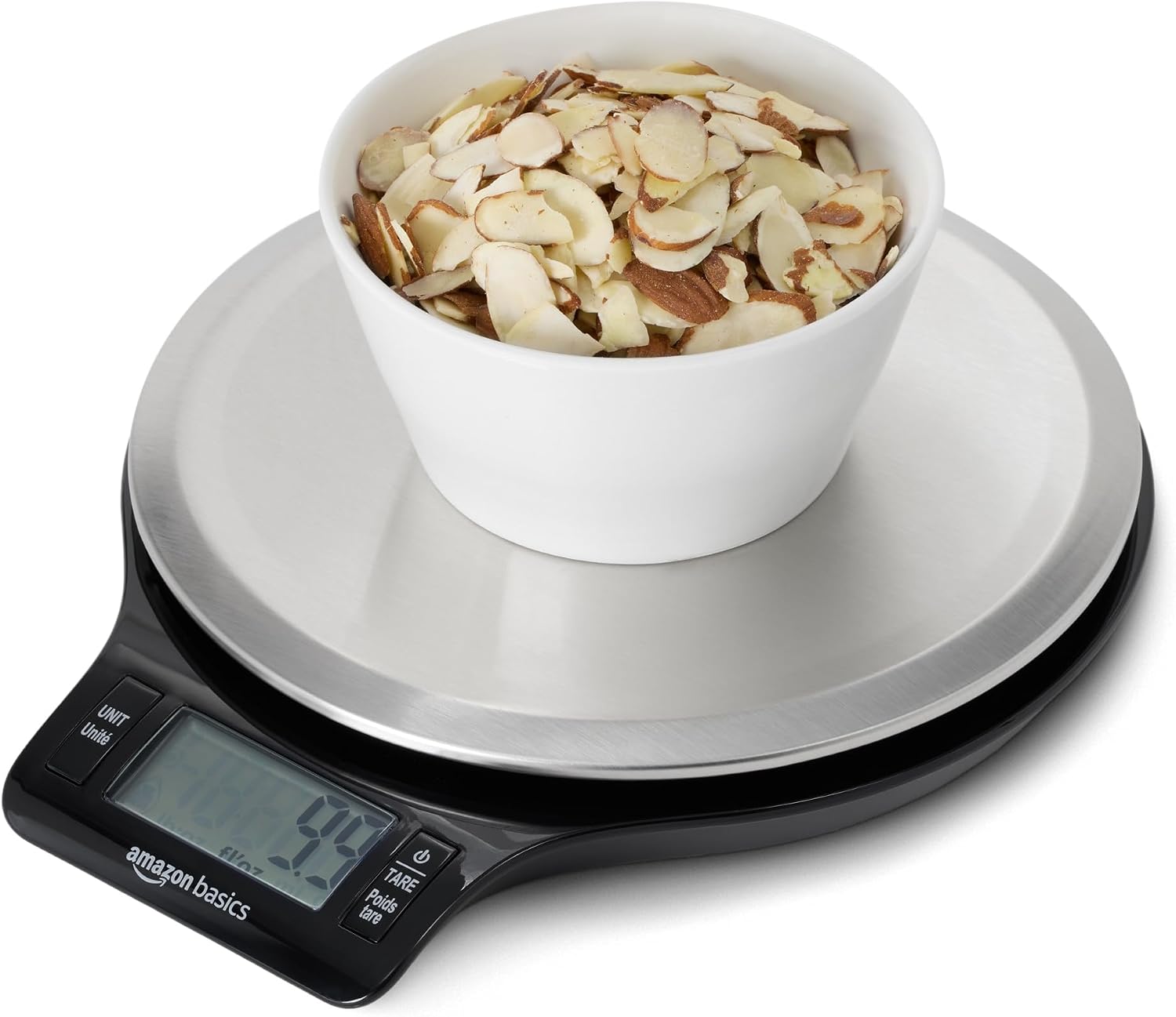 Amazon Basics Digital Kitchen Scale with LCD Display. Tare Function. Multiple Units. Weighs up to 11 Pounds. Batteries Included. Black and Stainless Steel