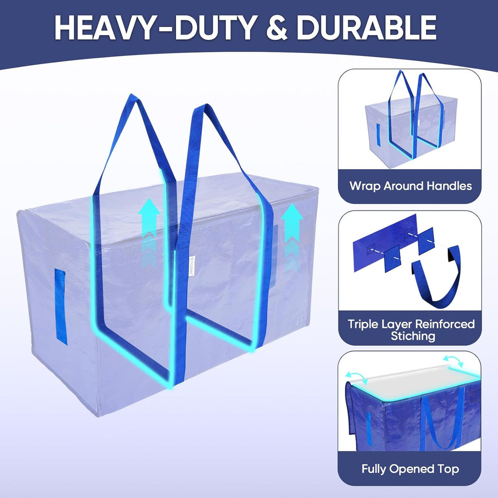 TICONN 6 Pack Extra Large Moving Bags Heavy Duty with Zippers & Carrying Handles. Durable Storage Bags Moving Boxes for Closet Organizers and Storage (6 Pack. Blue)