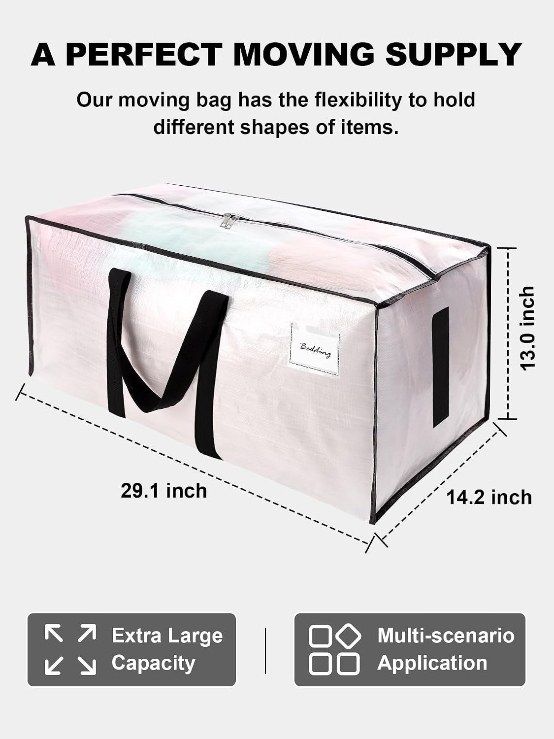 HOMESURE Supports 200lbs Heavy Duty Moving Bags - Strong Zipper & Wrap-Around Handles - Water-Resistant Storage Totes. Durable Alternative to Moving Boxes - 8 Pack - Semi-Transparent