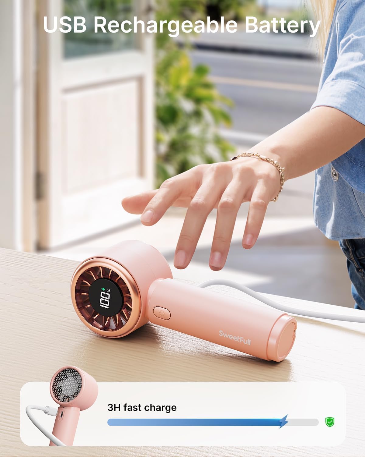 SWEETFULL Portable Handheld Fan. Mini Rechargeable Personal Hand Fan | Strong Airflow. Pocket-Sized. Up to 12H. 5 Speeds. Quiet Cooling Travel Essentials. Cute Gifts for Women. Girls. Lash. Makeup