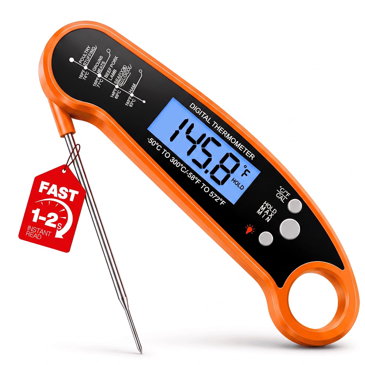 Meat Thermometer Digital. 1-2 Sec Instant Read. Food. Cooking. Grilling | Bright Backlit Display. Waterproof for Air Fryer. Smoker. Candy. Kitchen Gadgets. BBQ Essentials. Gift for Men Husband. Red