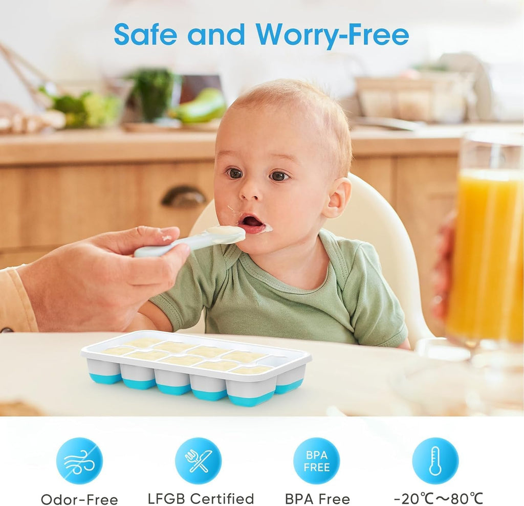 DOQAUS Ice Cube Tray with Lid and Bin.4 Pack Ice Cube Trays for Freezer | Silicone.Stackable. Easy Release Trays with Storage Bin & Scoop. Ideal for Freezer. Kitchen. RV. Cocktail. Coffee.
