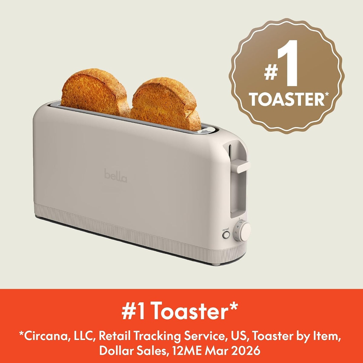 bella Fits-Anywhere™ 2-Slice Slim Toaster. Long Slot & Extra Wide. Oatmilk