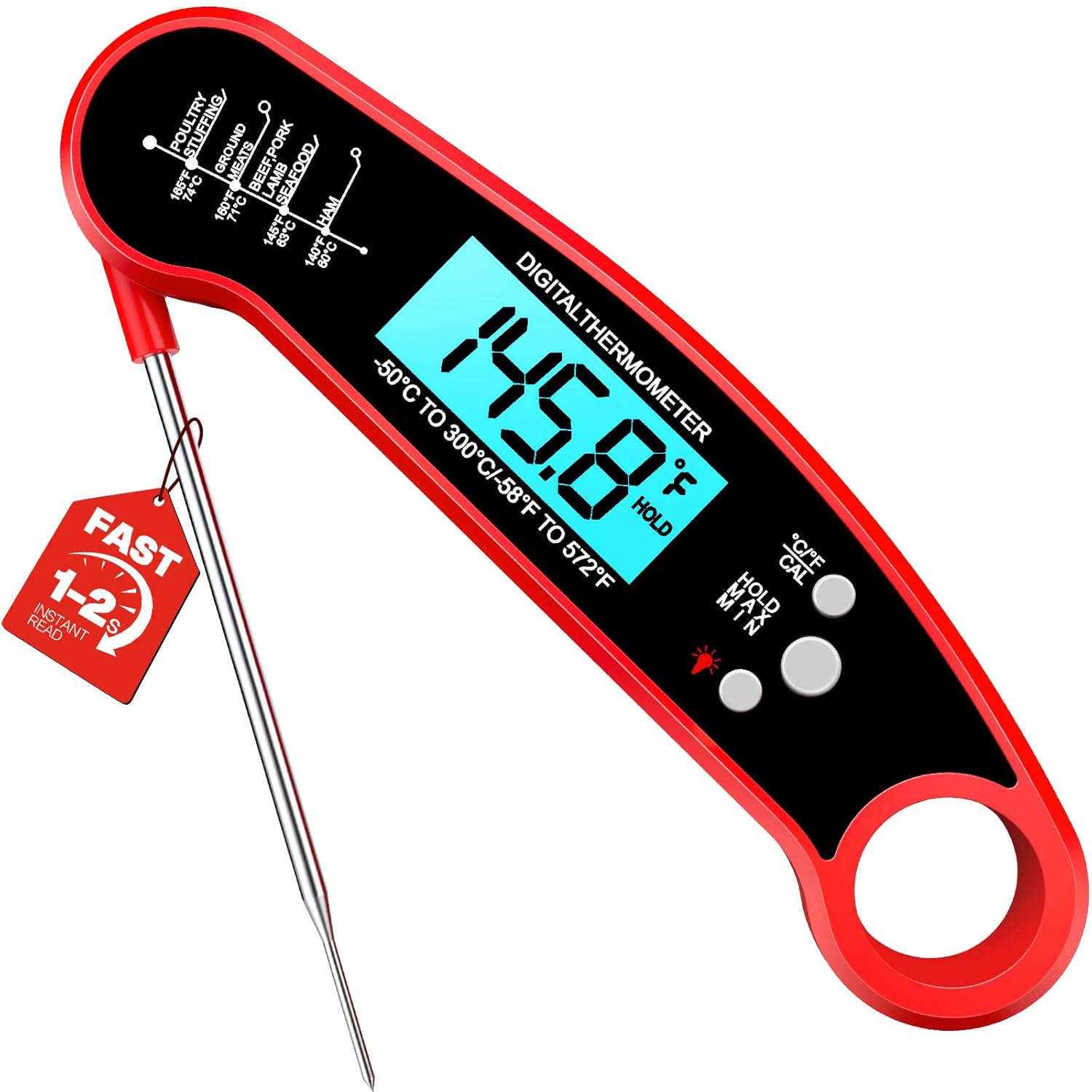 Meat Thermometer Digital. 1-2 Sec Instant Read. Food. Cooking. Grilling | Bright Backlit Display. Waterproof for Air Fryer. Smoker. Candy. Kitchen Gadgets. BBQ Essentials. Gift for Men Husband. Red