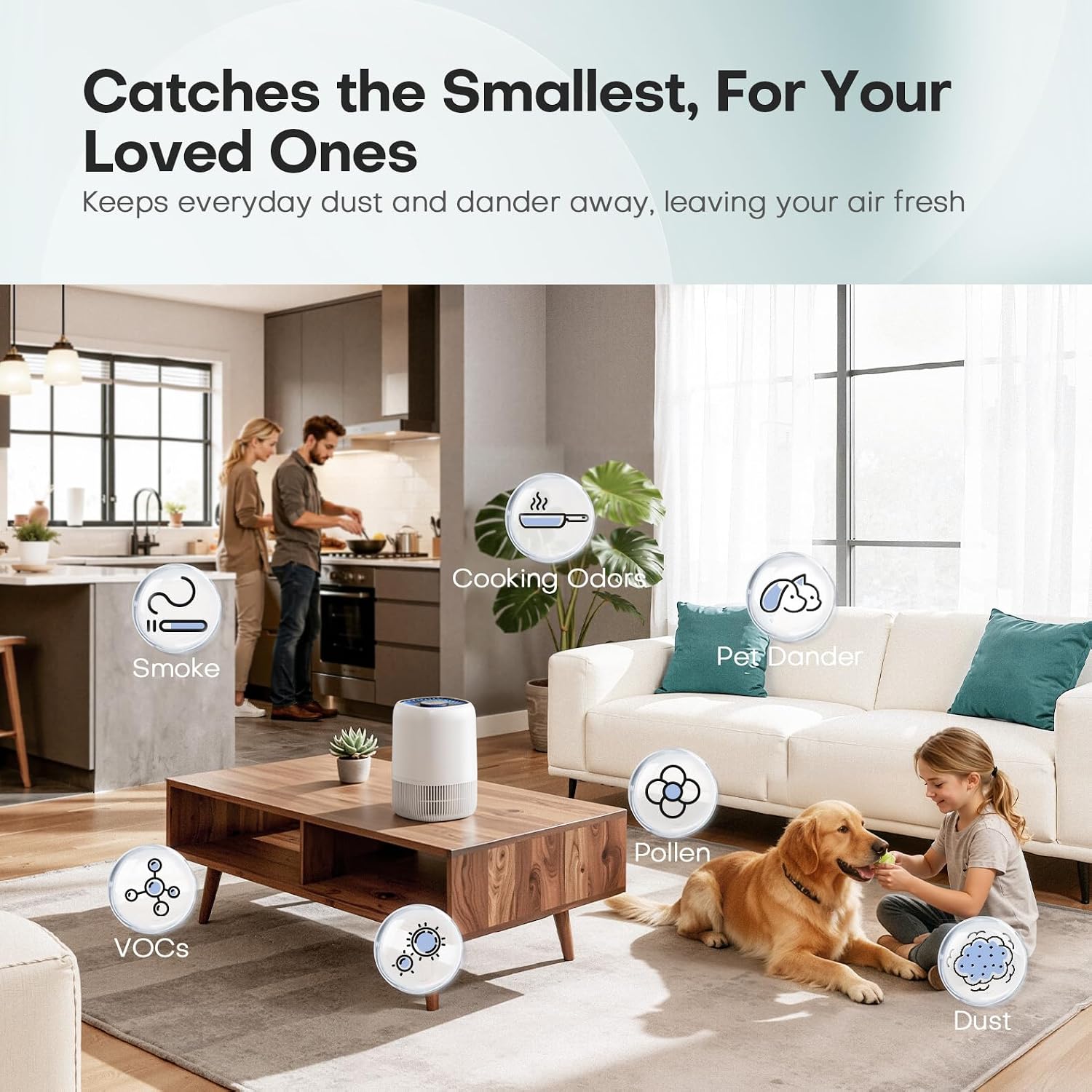 VOOPNU Air Purifiers for Home. High Efficiency Filter Up to 1076 Ft². White | for Pet Hair. Odors. Pollen. Smoke. Compact Air Cleaner with 3 Speeds. Timer. Aroma 22 dB Quiet 360°Intake. DH-JH12