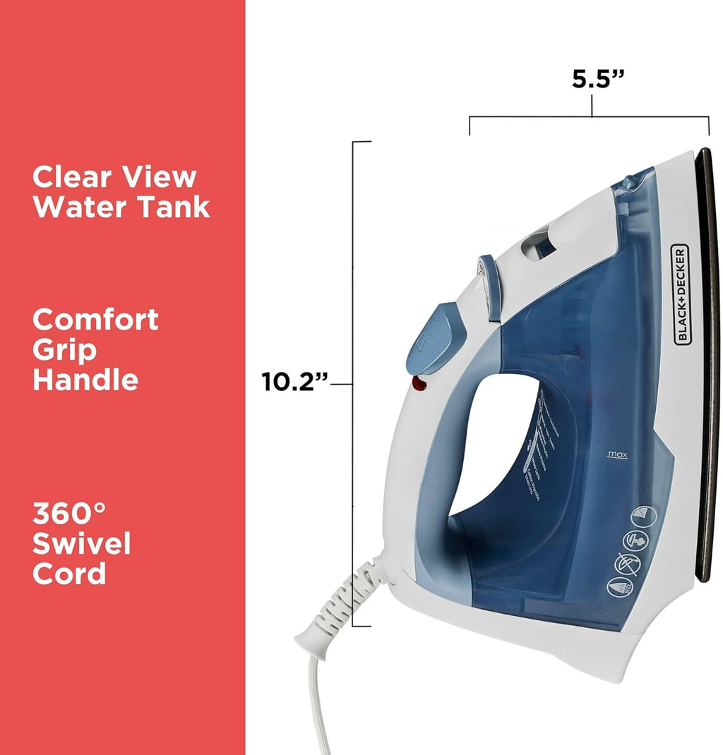 BLACK+DECKER Steam Iron for Clothes with Auto Shutoff & TrueGlide Soleplate | 1200W steam iron with nonstick soleplate. compact. spray mist. comfort grip and auto shutoff for easy wrinkle removal.