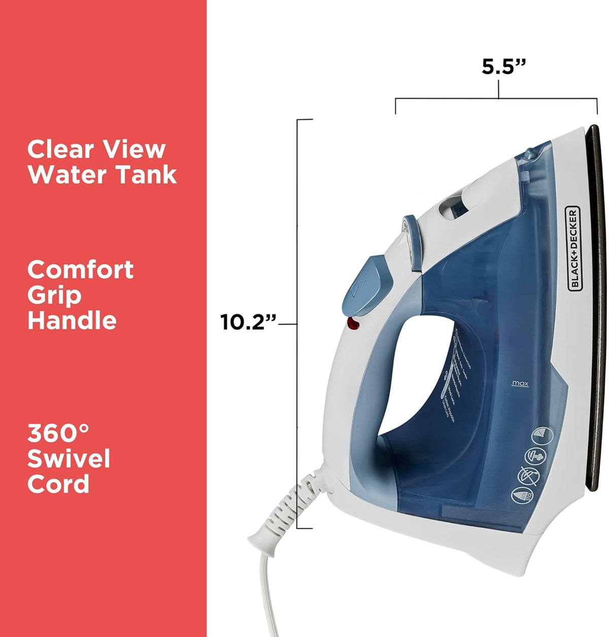 BLACK+DECKER Steam Iron for Clothes with Auto Shutoff & TrueGlide Soleplate | 1200W steam iron with nonstick soleplate. compact. spray mist. comfort grip and auto shutoff for easy wrinkle removal.