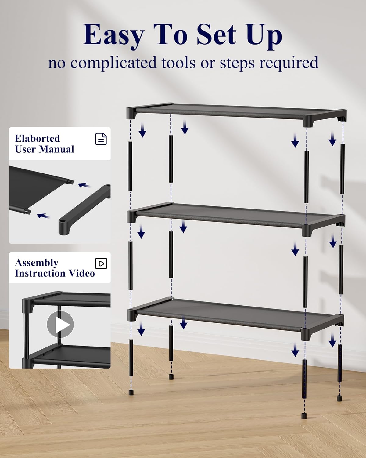Kitsure Shoe Rack - Non-Woven Shoe Rack Shelf. 27.5 Wide - 3 Tier. Black | Shoe Organizer for Closet. Entryway. Garage. Stackable Shoe Shelves. college dorm&apartment essentials