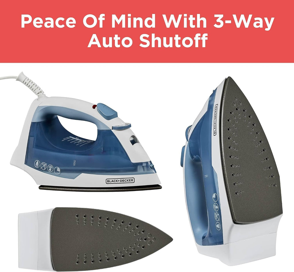 BLACK+DECKER Steam Iron for Clothes with Auto Shutoff & TrueGlide Soleplate | 1200W steam iron with nonstick soleplate. compact. spray mist. comfort grip and auto shutoff for easy wrinkle removal.