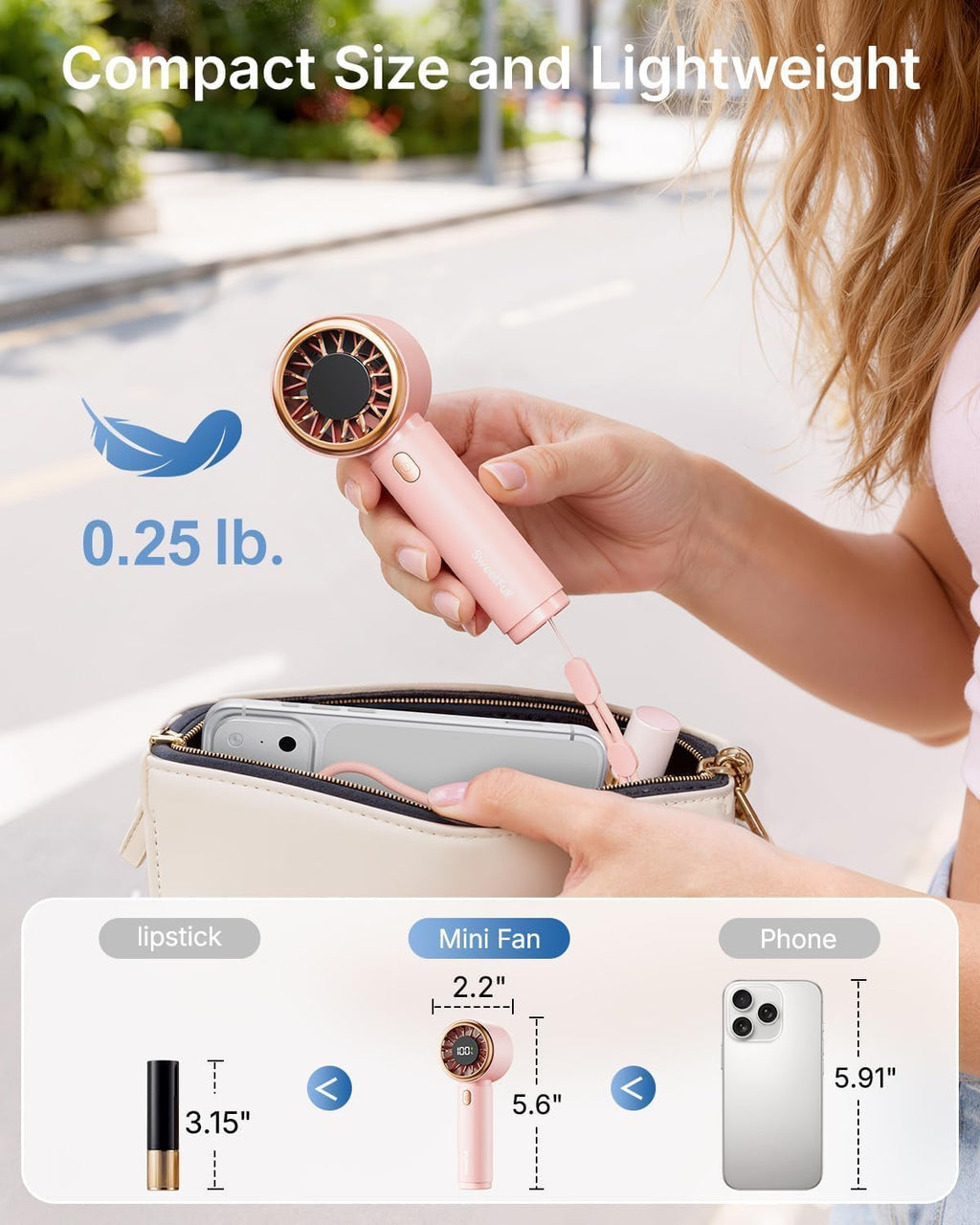SWEETFULL Portable Handheld Fan. Mini Rechargeable Personal Hand Fan | Strong Airflow. Pocket-Sized. Up to 12H. 5 Speeds. Quiet Cooling Travel Essentials. Cute Gifts for Women. Girls. Lash. Makeup