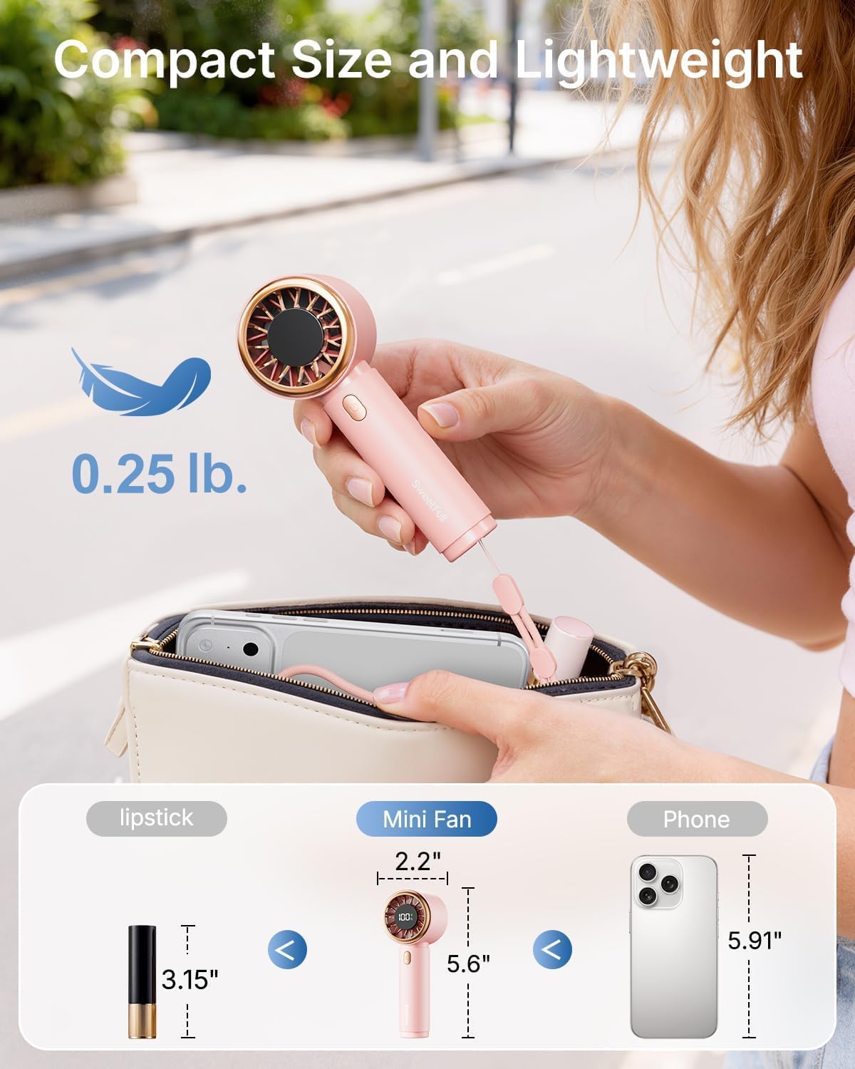 SWEETFULL Portable Handheld Fan. Mini Rechargeable Personal Hand Fan | Strong Airflow. Pocket-Sized. Up to 12H. 5 Speeds. Quiet Cooling Travel Essentials. Cute Gifts for Women. Girls. Lash. Makeup