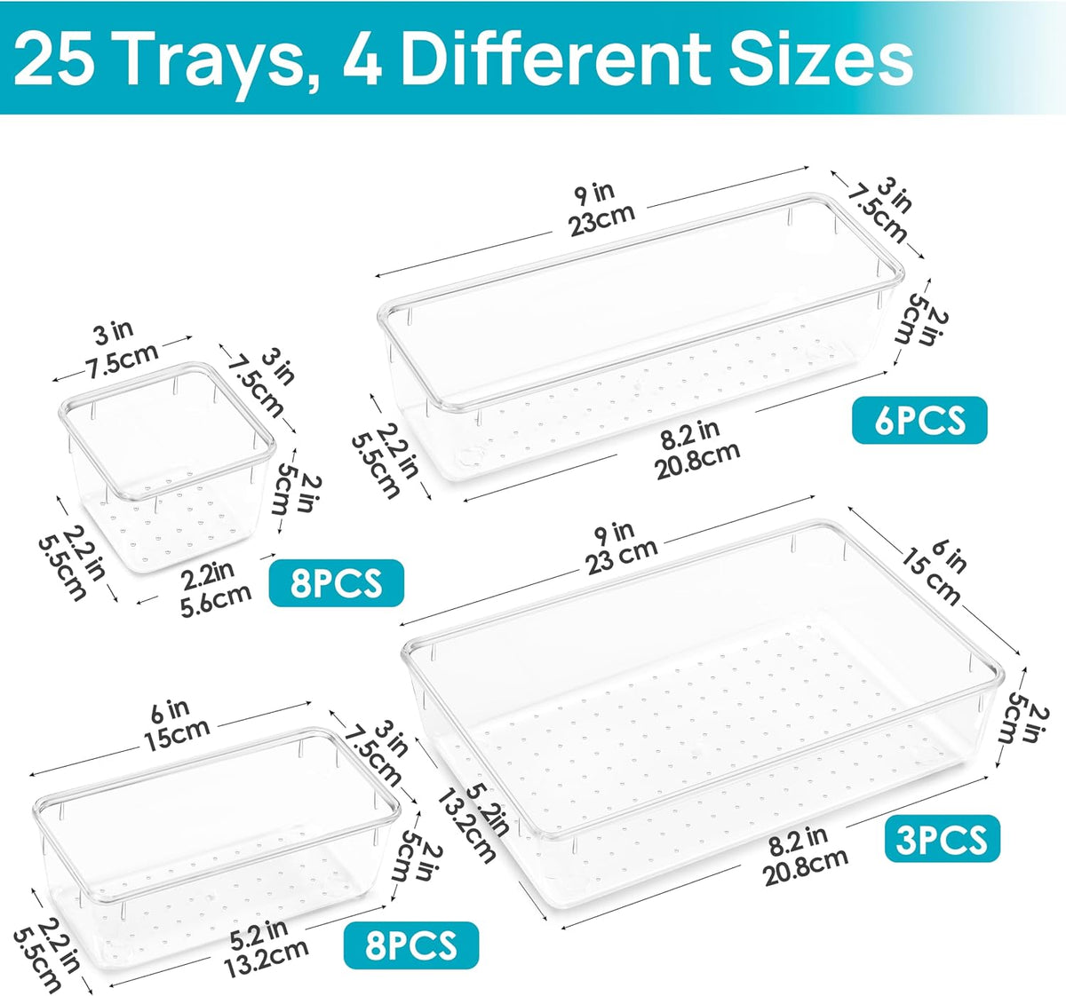 Vtopmart 25 PCS Clear Plastic Drawer Organizers Set. 4-Size Versatile Bathroom and Vanity Drawer Organizer Trays. Storage Bins for Makeup. Bedroom. Kitchen Gadgets Utensils and Office