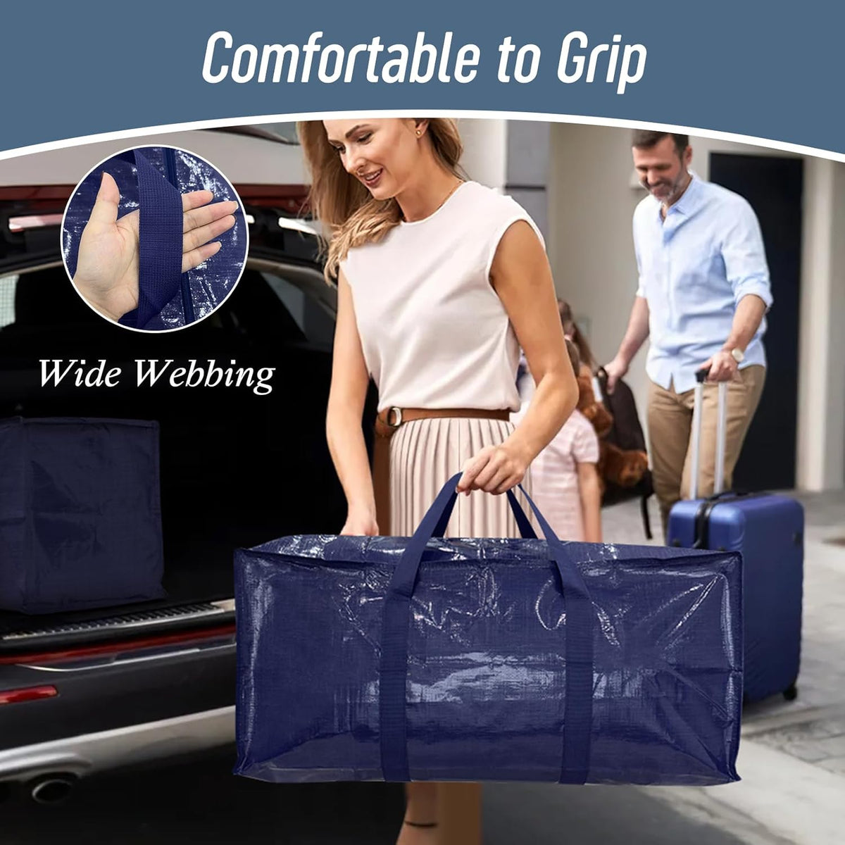 6 Pack Extra Heavy Duty Large Moving Bags with Strong Zipper. Dark Blue | Comfortable Handles. Sturdy & Durable Clothes Storage Bags Totes Bins. Blue Packing Moving Boxes for College Supplies