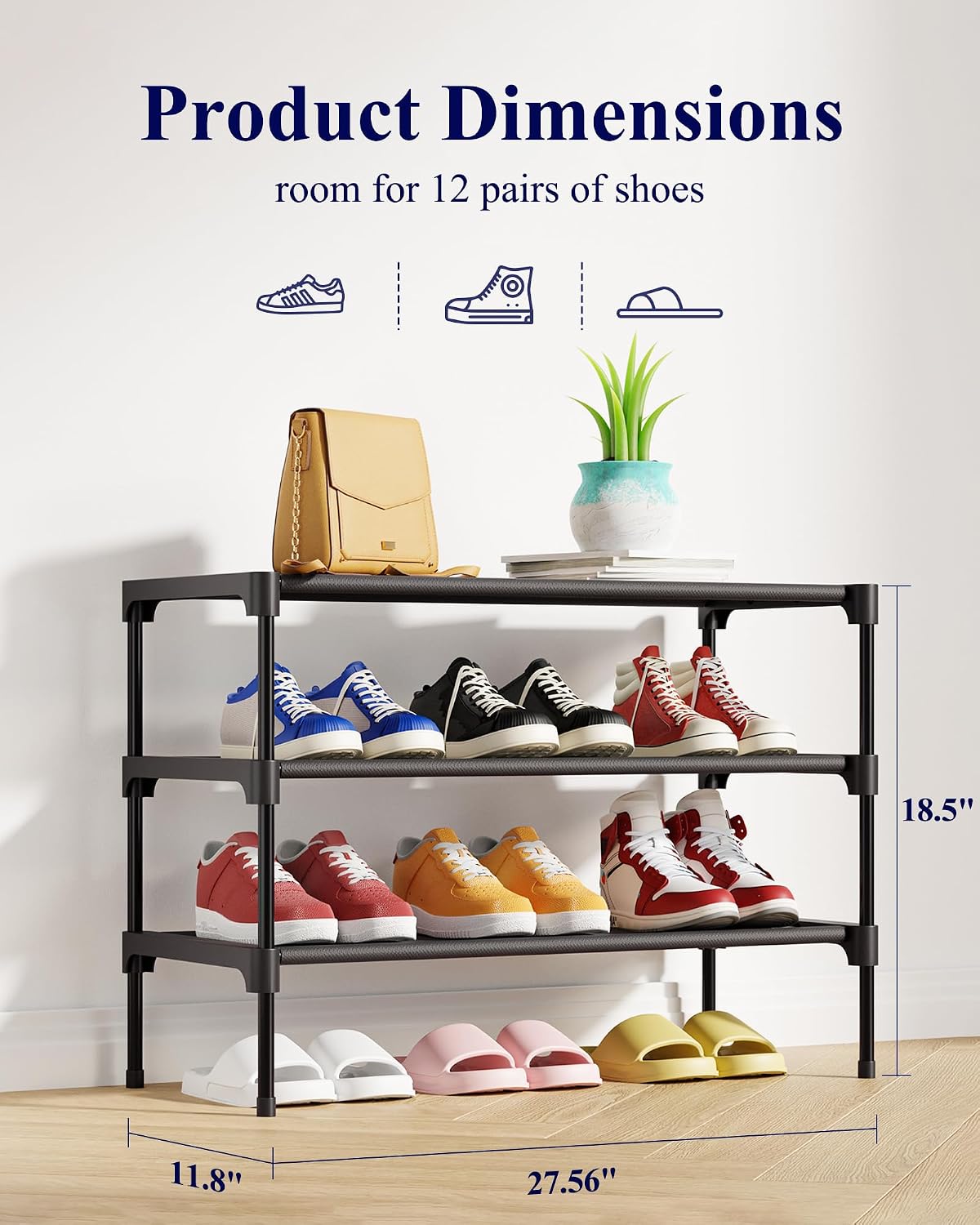 Kitsure Shoe Rack - Non-Woven Shoe Rack Shelf. 27.5 Wide - 3 Tier. Black | Shoe Organizer for Closet. Entryway. Garage. Stackable Shoe Shelves. college dorm&apartment essentials