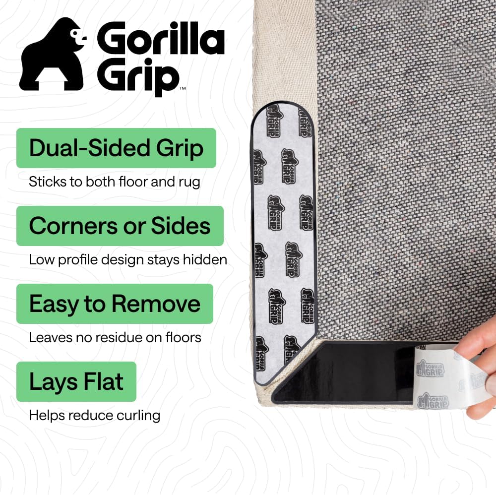 GORILLA GRIP® Extra Long Rug Grippers for Hardwood Floor. 8 Pack Black | Reusable Dual-Sided Adhesives Pads Keep Area Rugs Corners Flat. Holds Down Carpet on Hard Wood. Tile Floors. Renter Friendly